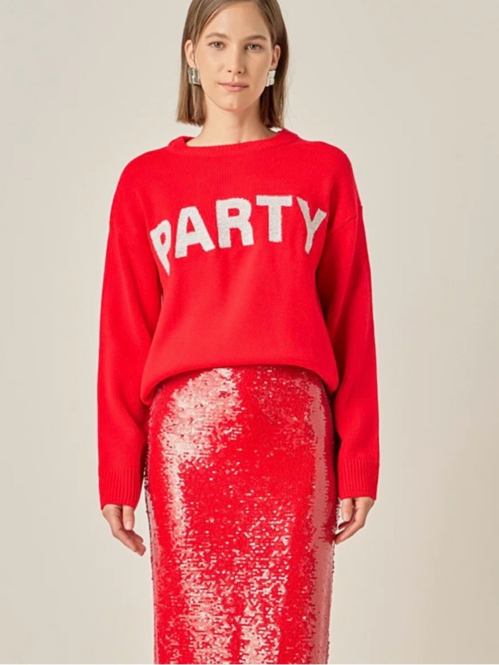 English Factory Red 'PARTY' PARTY GLITTER Crew Neck Sweater